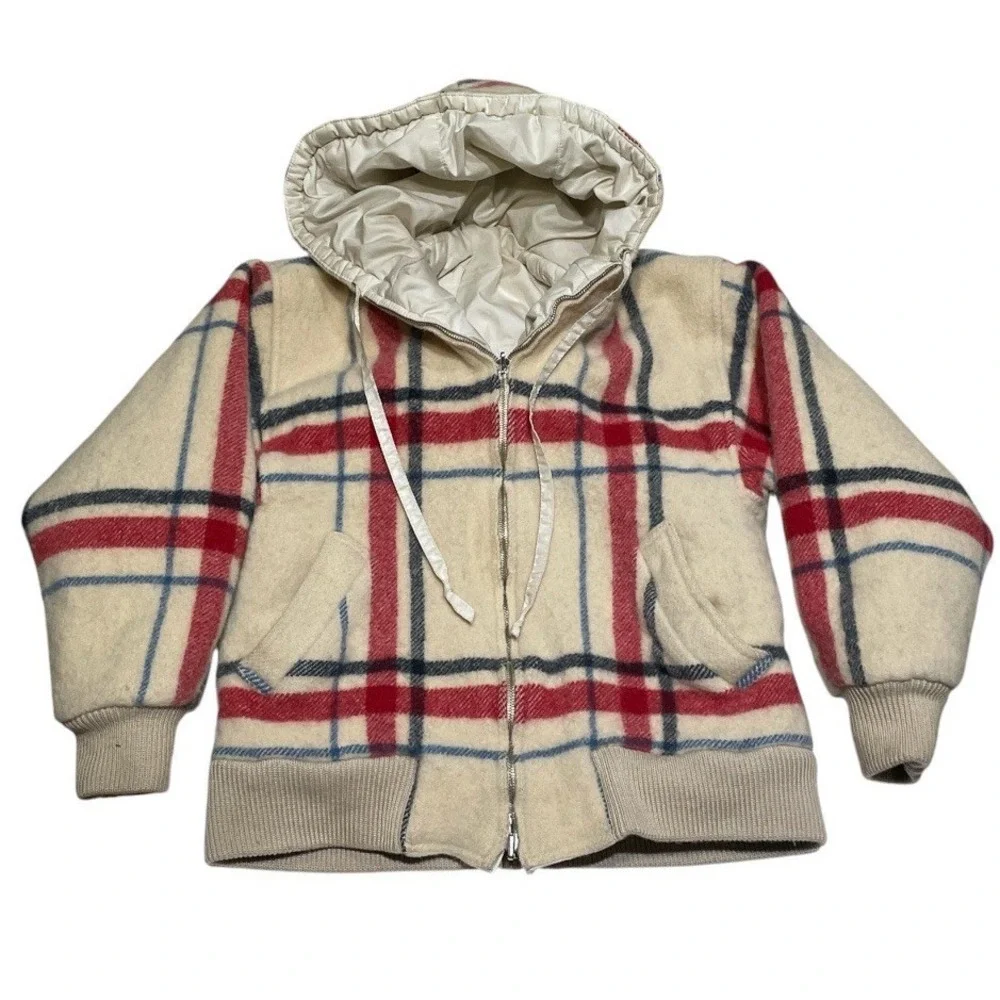 Vintage Bogner Reversible Puffer Jacket Plaid Wool Ivory Hooded Ski Bomber‎